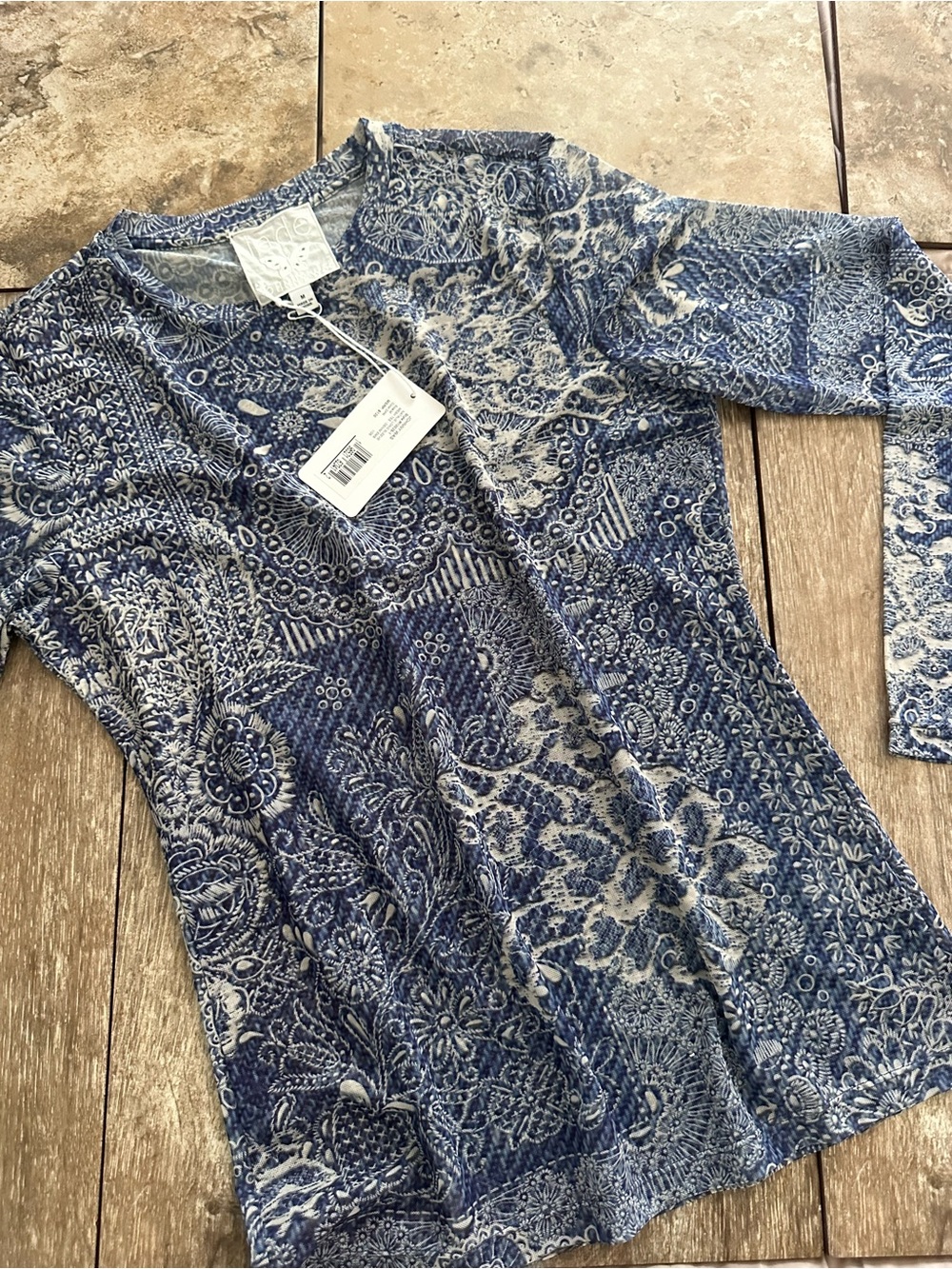 Johnny Was Blue Paisley Lace-Inspired Sheer Long Sleeve Top - Picture 2 of 10